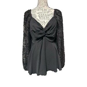 Unbranded Women Black Floral Lace Sleeves Knotted Front  Small Dark Gothic Y2K